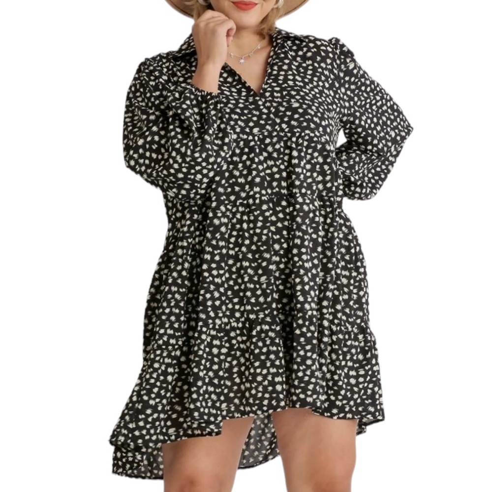 UMGEE Animal Print Collar Split Neck Long Puff Sleeve Babydoll Dress‎